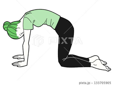 猫のポーズをする女性の線画イラスト 緑と黒の配色 133705905