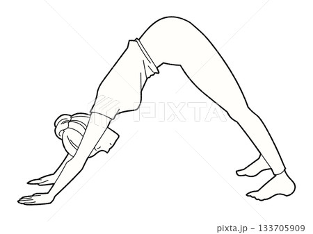 ダウンドッグをする女性のモノクロ線画イラスト 133705909