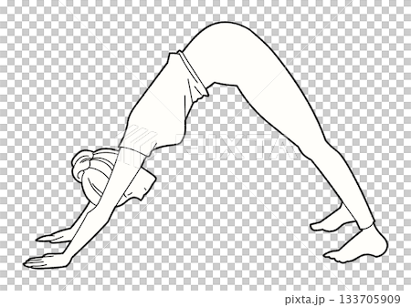 一位女性做下犬式瑜珈的單色線條畫 133705909