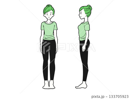 女性の立ち姿 正面と横向きの全身イラスト 緑のTシャツ 女性の立ち姿 正面と横向きの全身イラスト 緑のTシャツ 133705923