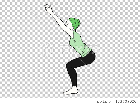 Chair pose, woman doing yoga, green T-shirt 133705926