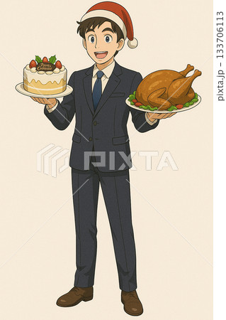 クリスマスのメイン料理を運ぶ男性 クリスマスのメイン料理を運ぶ男性 133706113