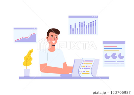 Data scientist concept. Business professional in a meeting discuss data analytics research and collaborate on a report, utilizing graphs and a dashboard on a monitor. Vector illustration. Data scientist concept. Business professional in a meeting discuss data analytics research and collaborate on a report, utilizing graphs and a dashboard on a monitor. Vector illustration. 133706987
