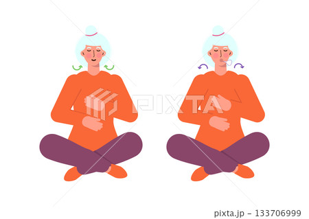 Senior woman doing breathing exercises. Vector illustrations for banner, website, landing page, flyer. Senior woman doing breathing exercises. Vector illustrations for banner, website, landing page, flyer. 133706999