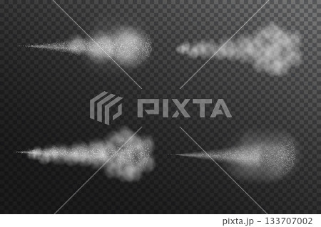 Steam mist water, airy water spray isolated on black transparent background. Vector Realistic illustration set, collection. 133707002