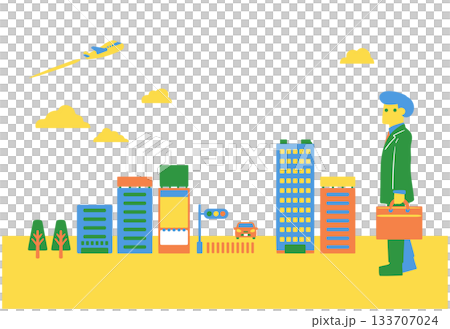 A man in a suit walking through a city of buildings 133707024