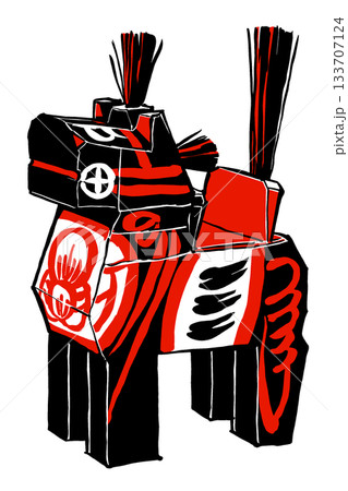 伝統工芸品の三春駒の黒駒　筆描き・赤と黒 133707124