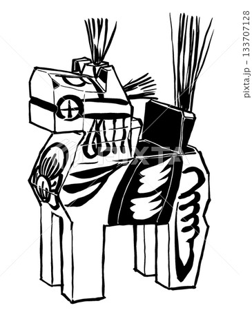 伝統工芸品の三春駒の白駒　筆描き・白と黒 133707128