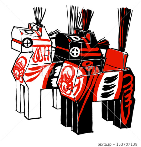 伝統工芸品の三春駒の黒駒と白駒 筆描き・赤と黒 伝統工芸品の三春駒の黒駒と白駒 筆描き・赤と黒 133707139