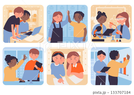 Teamwork concept with people situation set in flat web design. Bundle scenes with multiethnic diverse characters work together, students learning, classmates doing homework. Vector illustrations. 133707184