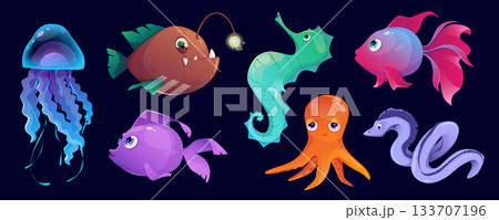 Underwater animals mega set in cartoon graphic design. Bundle elements of cute angler fish and other fishes, jellyfish, seahorse, octopus, swimming sea wildlife. Vector illustration isolated objects 133707196