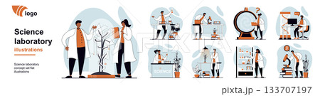 Science laboratory concept with people scenes mega set in flat web design. Bundle of character situation with scientific research, chemical tests, experiment discoveries in lab. Vector illustrations. 133707197