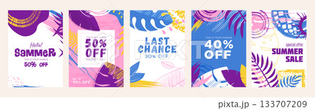 Summer sale cover brochure set in trendy flat design. Summertime banner templates with abstract frames, brush blots, palm tree leaves, decorative plants, shopping price offers. Vector illustration. Summer sale cover brochure set in trendy flat design. Summertime banner templates with abstract frames, brush blots, palm tree leaves, decorative plants, shopping price offers. Vector illustration. 133707209