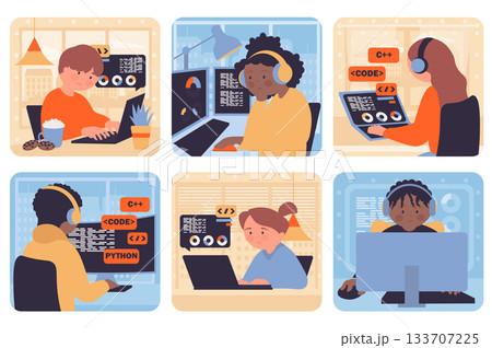 Programming concept with people situation set in flat web design. Bundle scenes with multiethnic diverse characters coding and creating software at computer and laptop in office. Vector illustrations. 133707225