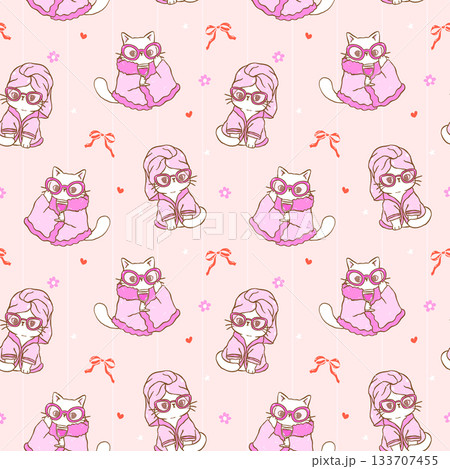 Cute Retro Coquette Girly Self Care Cat Seamless Pattern Cartoon Hand Drawn Repeat Background Cute Retro Coquette Girly Self Care Cat Seamless Pattern Cartoon Hand Drawn Repeat Background 133707455