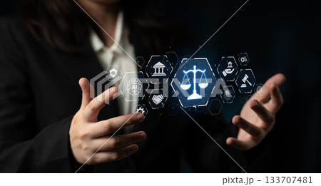 Digital law interface displaying justice scale, highlighting digital law Spline 133707481