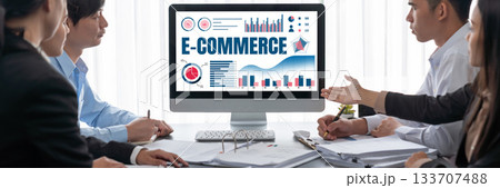 Analyst team working on data analysis dashboard on laptop screen. Insight 133707488