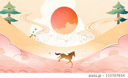 馬の和風モダンなイラスト年賀状テンプレート 133707654