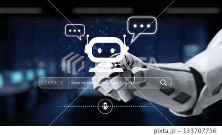 Futuristic Robot Hand Holding Chatbot Icon with Text Bubbles in Digital Environment for Technology and Communication Concepts Synapse 133707756