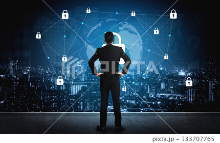Businessman in Suit Analyzing Global Cybersecurity Network Visualization with Lock Icons, Cityscape Background, Modern Technology Concept Gantry Businessman in Suit Analyzing Global Cybersecurity Network Visualization with Lock Icons, Cityscape Background, Modern Technology Concept Gantry 133707765