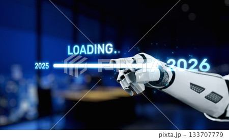 Futuristic robotic hand pointing at a digital progress loading bar with years 2025 and 2026, showcasing technology and innovation themes in a modern environment Synapse 133707779