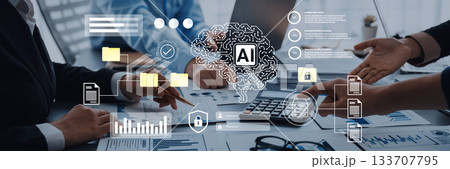 Business Team Collaboration on Artificial Intelligence Project with Digital Interface and Data Visualizations in Modern Office Environment Gantry 133707795