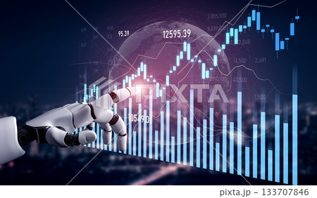 Futuristic robotic hand interacting with stock market data and graphs in a digital environment reflecting advanced technology and financial analysis concepts Scalp 133707846