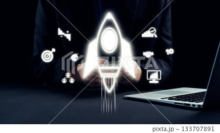 Business Growth Innovation Concept with Rocket Launching Graphic Illustration and Digital Icons Representing Success and Strategy in Modern Office Environment. Qubit Business Growth Innovation Concept with Rocket Launching Graphic Illustration and Digital Icons Representing Success and Strategy in Modern Office Environment. Qubit 133707891
