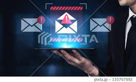 Digital security alert with email symbols, warning icons, and technological elements suggesting cyber threats and informational caution in communication Gantry Digital security alert with email symbols, warning icons, and technological elements suggesting cyber threats and informational caution in communication Gantry 133707892