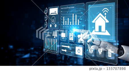 Futuristic Home Automation Interface with Smart Device Control Options for Energy Management and Data Visualization in a Digital City Environment Gantry 133707898