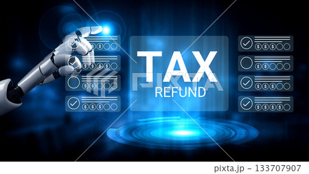 Futuristic robotic hand interacting with digital interface highlighting tax refund process with checkboxes and financial symbols in a blue-lit environment Gantry Futuristic robotic hand interacting with digital interface highlighting tax refund process with checkboxes and financial symbols in a blue-lit environment Gantry 133707907