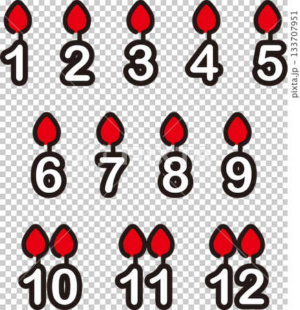 ケーキの数字キャンドルイラストセット(1から12)、バースデー・記念日素材 ケーキの数字キャンドルイラストセット(1から12)、バースデー・記念日素材 133707951