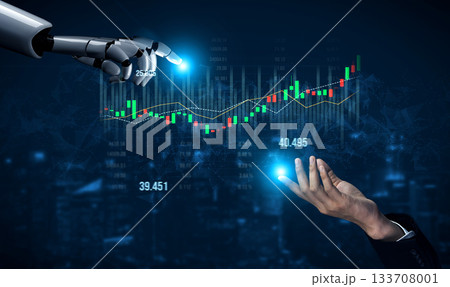 Futuristic Robot Hand Interacting with Human Hand in Stock Market Setting, Symbolizing Technology, Finance, and Collaboration in Digital Economy Scalp Futuristic Robot Hand Interacting with Human Hand in Stock Market Setting, Symbolizing Technology, Finance, and Collaboration in Digital Economy Scalp 133708001