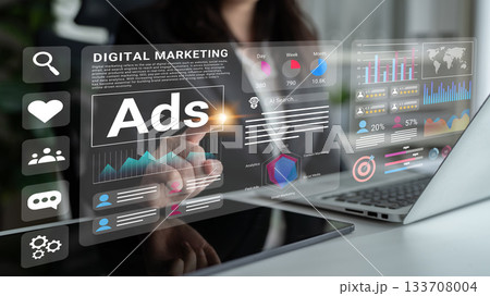 Modern Digital Marketing Strategy Visualization with Data Analytics, Advertising Insights and Interactive User Interface Concept in Office Environment Gantry Modern Digital Marketing Strategy Visualization with Data Analytics, Advertising Insights and Interactive User Interface Concept in Office Environment Gantry 133708004