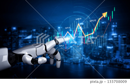 Futuristic Robot Hand Analyzing Stock Market Trends with Digital Graphs and Data Visualization in a High-Tech Environment Scalp 133708009