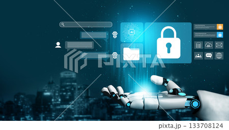 Futuristic Digital Security Concept with Robotic Hand, Lock Symbol, Artificial Intelligence Interface, and Data Protection Elements Gantry Futuristic Digital Security Concept with Robotic Hand, Lock Symbol, Artificial Intelligence Interface, and Data Protection Elements Gantry 133708124