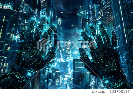 未来的な都市とロボットの手 未来的な都市とロボットの手 133708157