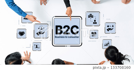 Hands Pointing at B2C Business to Consumer Concept with Icons Representing Digital Marketing, Customer Interaction, and E-commerce Strategies Trope Hands Pointing at B2C Business to Consumer Concept with Icons Representing Digital Marketing, Customer Interaction, and E-commerce Strategies Trope 133708160
