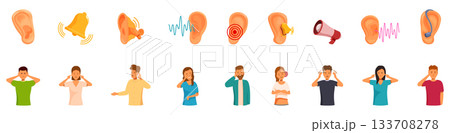 Tinnitus icons set. People suffering from tinnitus and hearing loss with noise and sound wave icons Tinnitus icons set. People suffering from tinnitus and hearing loss with noise and sound wave icons 133708278