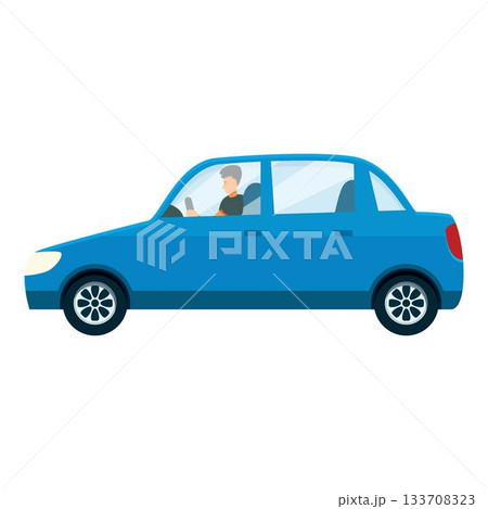 Man driving blue car side view on white background 133708323