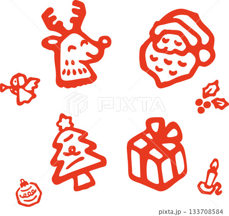 手描きのクリスマスモチーフ・アイコンセット、サンタとトナカイ 可愛い冬の飾りパーツ 手描きのクリスマスモチーフ・アイコンセット、サンタとトナカイ 可愛い冬の飾りパーツ 133708584