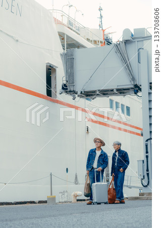 港でフェリーを眺めるシニア夫婦の旅行イメージ 133708606
