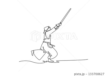 Continuous one line drawing man Kendo athlete in full bogu armor running and leaping forward with bamboo sword held high. Dynamic action of sports. Single line draw design vector graphic illustration 133708627