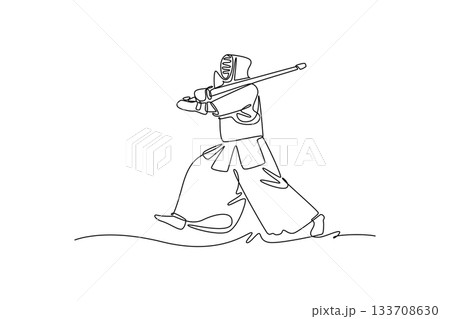 Continuous one line drawing man Kendo athlete in full bogu armor running and preparing horizontal strike with bamboo sword. Dynamic action of sport. Single line draw design vector graphic illustration 133708630