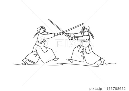 Continuous one line drawing two men Kendo athletes in full bogu armor are engaged in fierce sword clash. Dynamic combat and martial arts discipline. Single line draw design vector graphic illustration 133708632