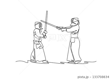 Continuous one line drawing two men Kendo athletes in full bogu armor are engaged in tense sword defense and attack. Dynamic sparring, martial arts. Single line draw design vector graphic illustration 133708634