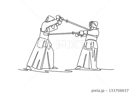 Single continuous line drawing two men Kendo athletes in full bogu armor are engaged in tense sword defense and attack. Dynamic sparring martial arts. One line draw graphic design vector illustration 133708637