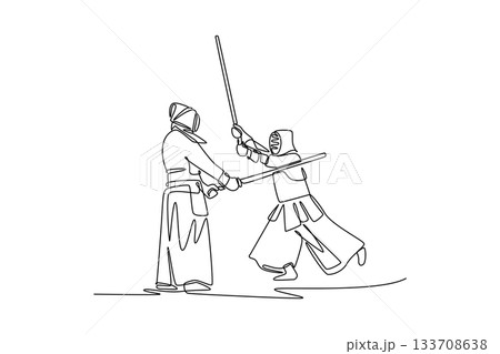 Single continuous line drawing two men Kendo athletes in full bogu armor are engaged in fierce sword clash. Dynamic combat and martial arts discipline. One line draw graphic design vector illustration 133708638