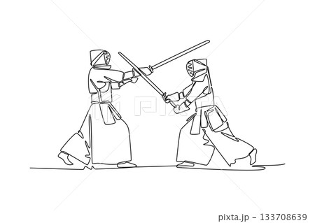 Single continuous line drawing two men Kendo athletes in full bogu armor are engaged in fierce sword clash. Dynamic combat and martial arts discipline. One line draw graphic design vector illustration 133708639
