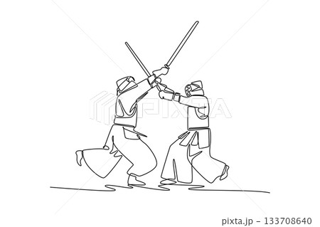 Single continuous line drawing two men Kendo athletes in full bogu armor, are engaged in a fierce sword clash. Dynamic combat and martial discipline. One line draw graphic design vector illustration 133708640